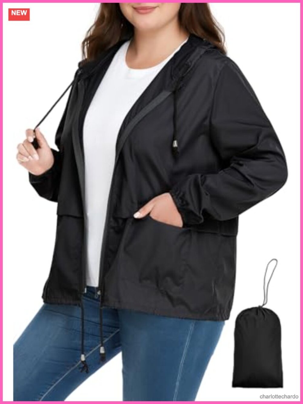 Plus Size Packable Hooded Raincoat Lightweight Windbreaker